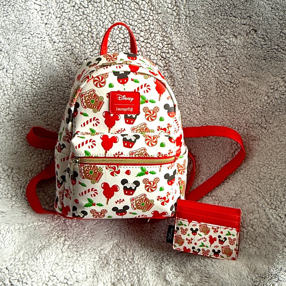Loungefly White Red Christmas Minnie Mouse Mini Backpack with Card Holder